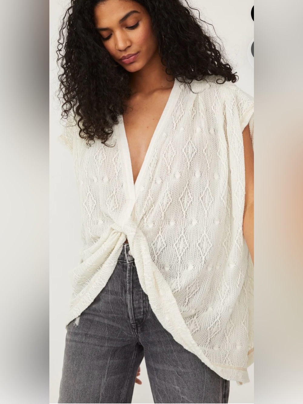 Free People Show Off Tee Ivory Crochet Twist Front Oversized M NWOT